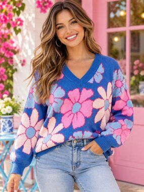 Pink Lily Blue Floral Sweater V Neck Oversized Knit Top garden party girly